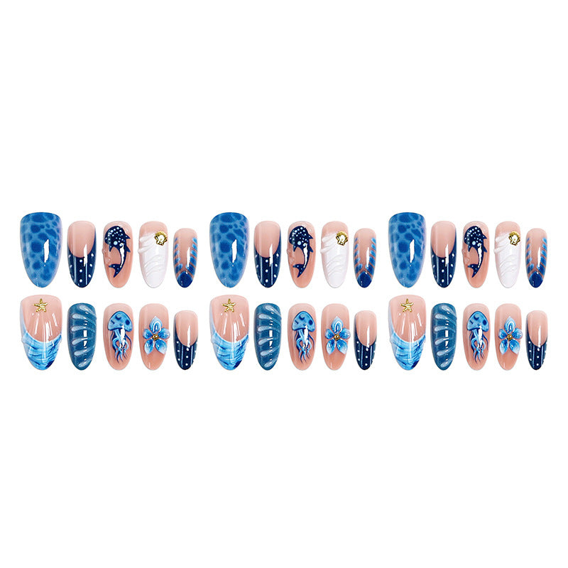 Artificial nails with maritime design and 3D flower accents Kalsten