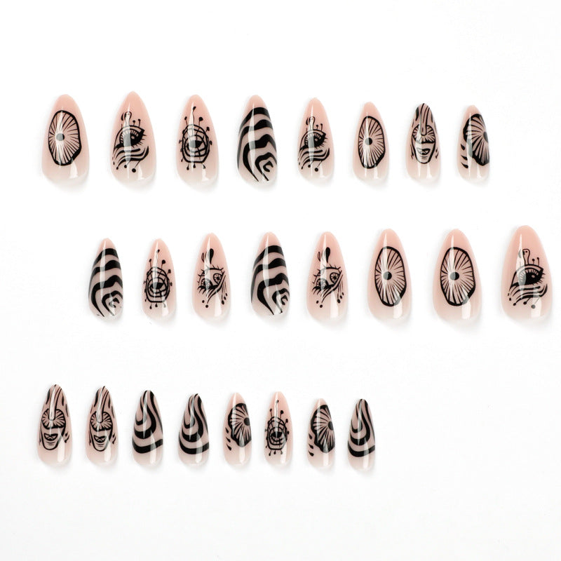 Artistic acrylic nails in elegant stiletto design with graphic patterns Kalsten