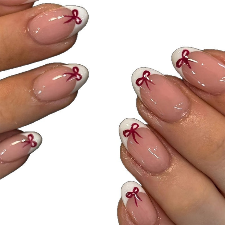 Stylish French Tip Press-On Nails with Bow Design Kalsten