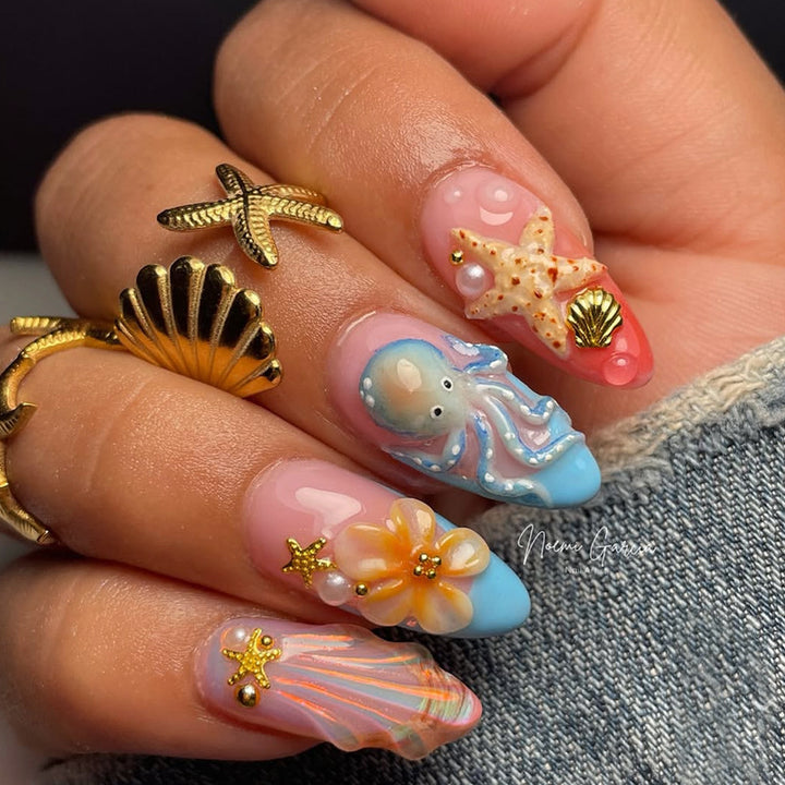 Decorative Press-On Nail Art Set with Summer-Inspired Ocean Designs kalsten