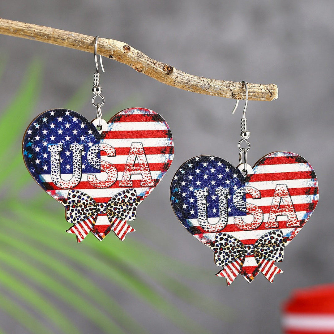 Ladies' lightweight wooden earrings in airplane jet design with patriotic motif and hypoallergenic fish hook Kalsten