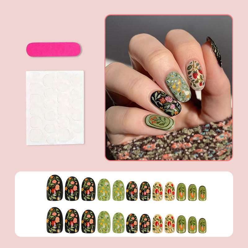 Artificial nail set with floral motifs and glitter accents Kalsten