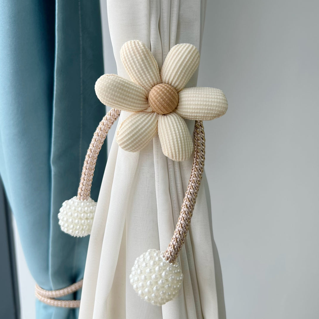 Decorative Fabric Flower Curtain Tieback with Braided Rope and Pearl Pom-Pom Weights