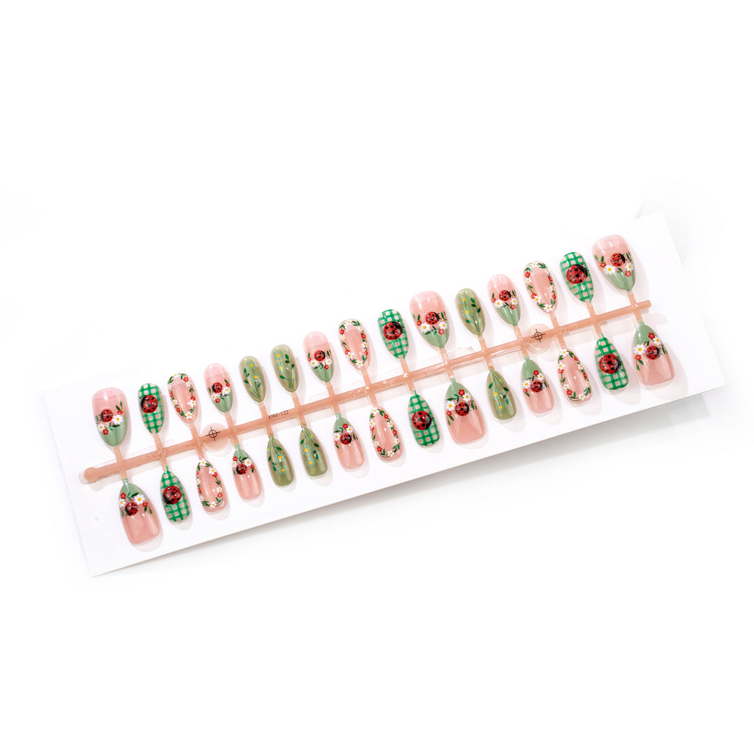Artistic Press-On Nail Art Set with Floral Ladybug Design Kalsten
