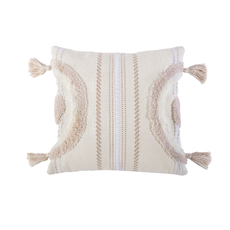 Woven decorative cushion cover with semi-circular tuft appliqué, fringe tassels, and concealed zipper Kalsten