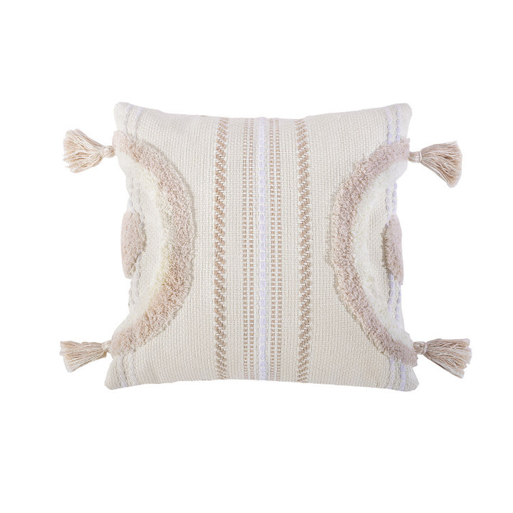 Woven decorative cushion cover with semi-circular tuft appliqué, fringe tassels, and concealed zipper Kalsten