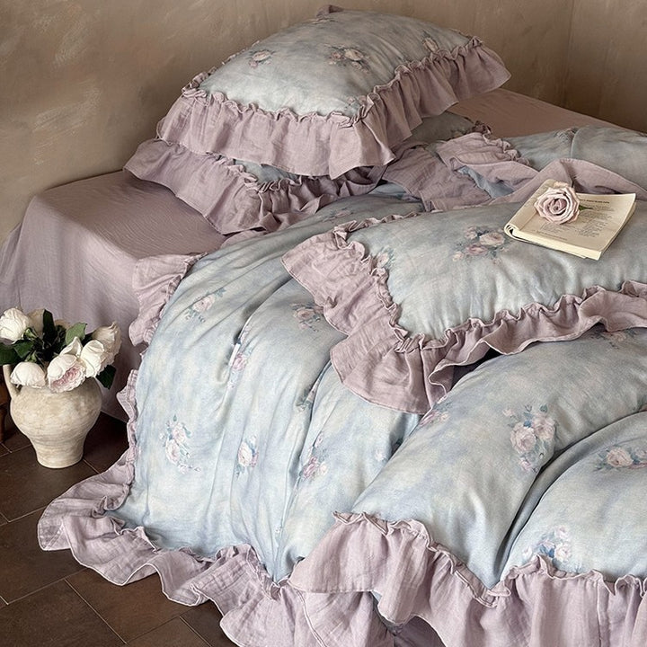Romantic cotton gauze bedding set with ruffle and watercolor rose print