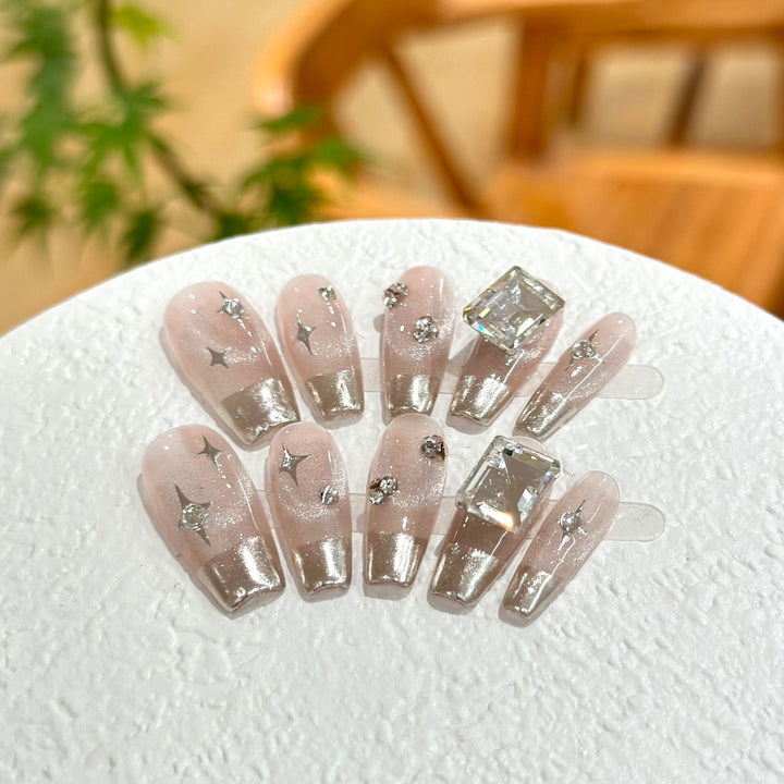 Glamorous Press-On Nail Set with Rhinestone Accents