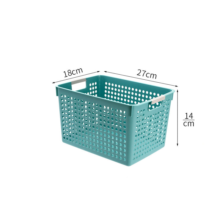Flat plastic storage box with perforated side wall and grip recesses