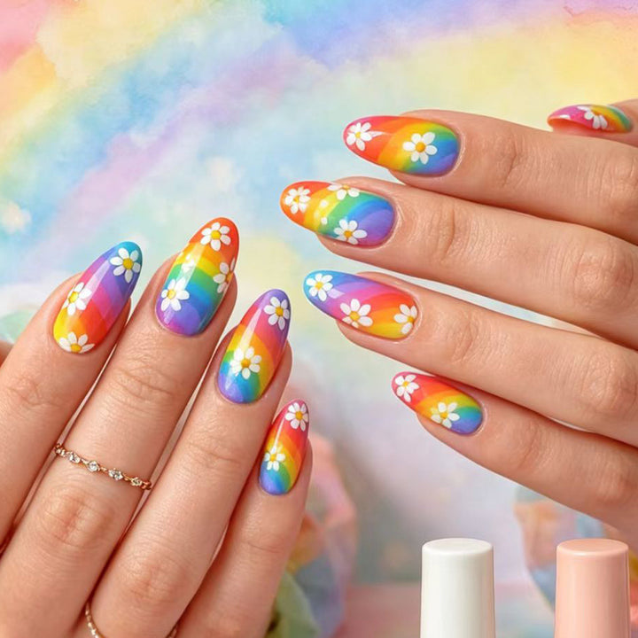 Creative Nail Art with Colorful Rainbow Design and Playful Flower Motifs Kalsten