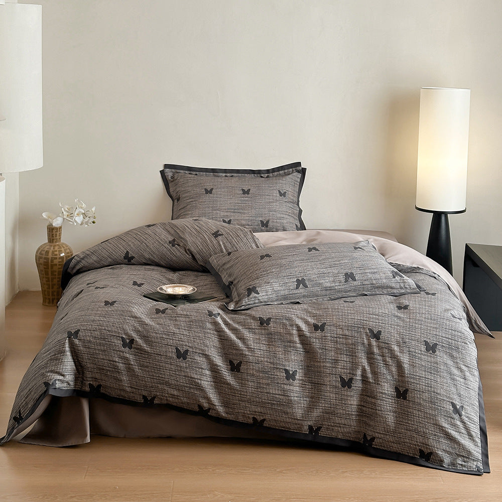 Duvet cover set with fine check pattern and subtle floral relief made of cotton blend