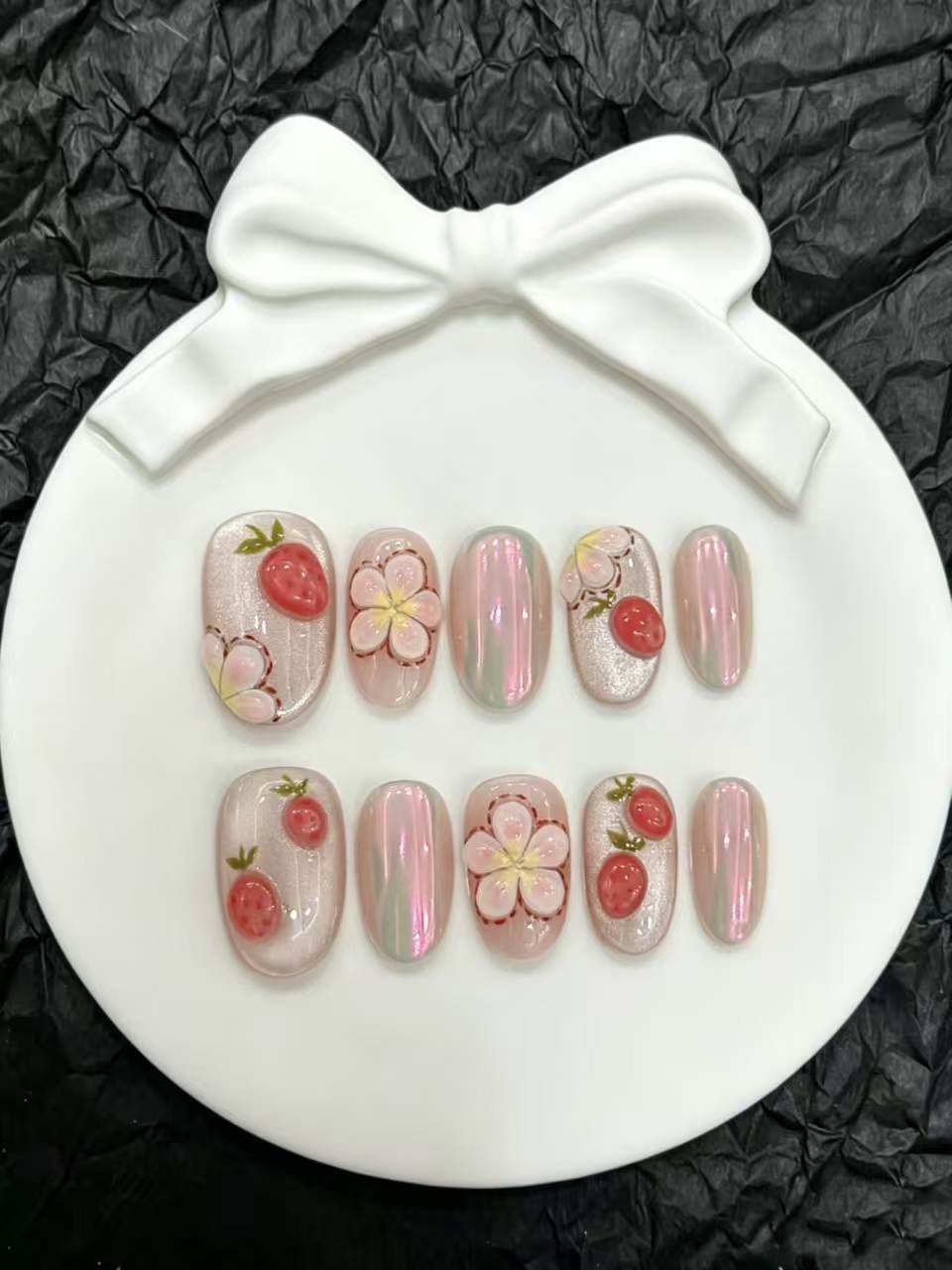 Artistic Press-On Nail Set with Floral and Berry Design