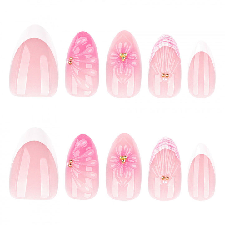 Artistic Floral Press-On Nail Art Set with Shell and Gem Accents Kalsten