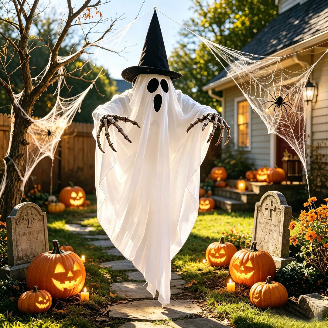 LED hanging ghost decoration with witch hat and skeleton arms