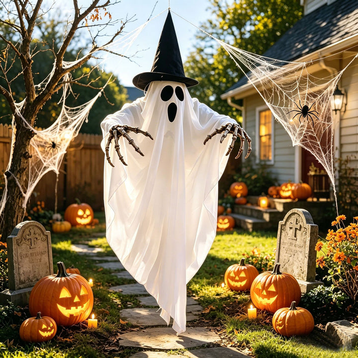 LED hanging ghost decoration with witch hat and skeleton arms