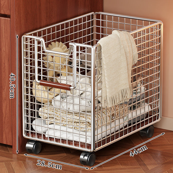 Mobile Ventilated Metal Mesh Storage Basket with Wooden Handle and Swivel Wheels