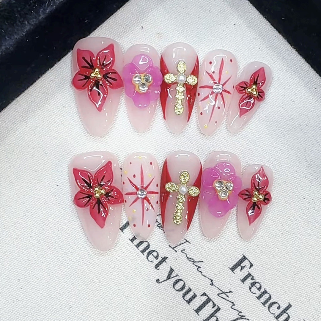 Artistic Floral and Gemstone-Embellished Press-On Nails Kalsten