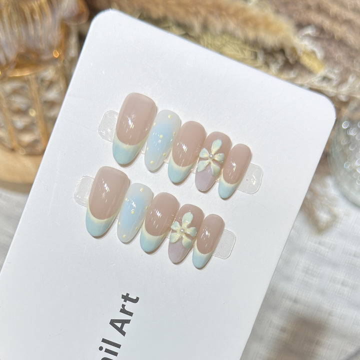 Elegant Press-On Nail Art Set with Floral and Ombre Design Kalsten
