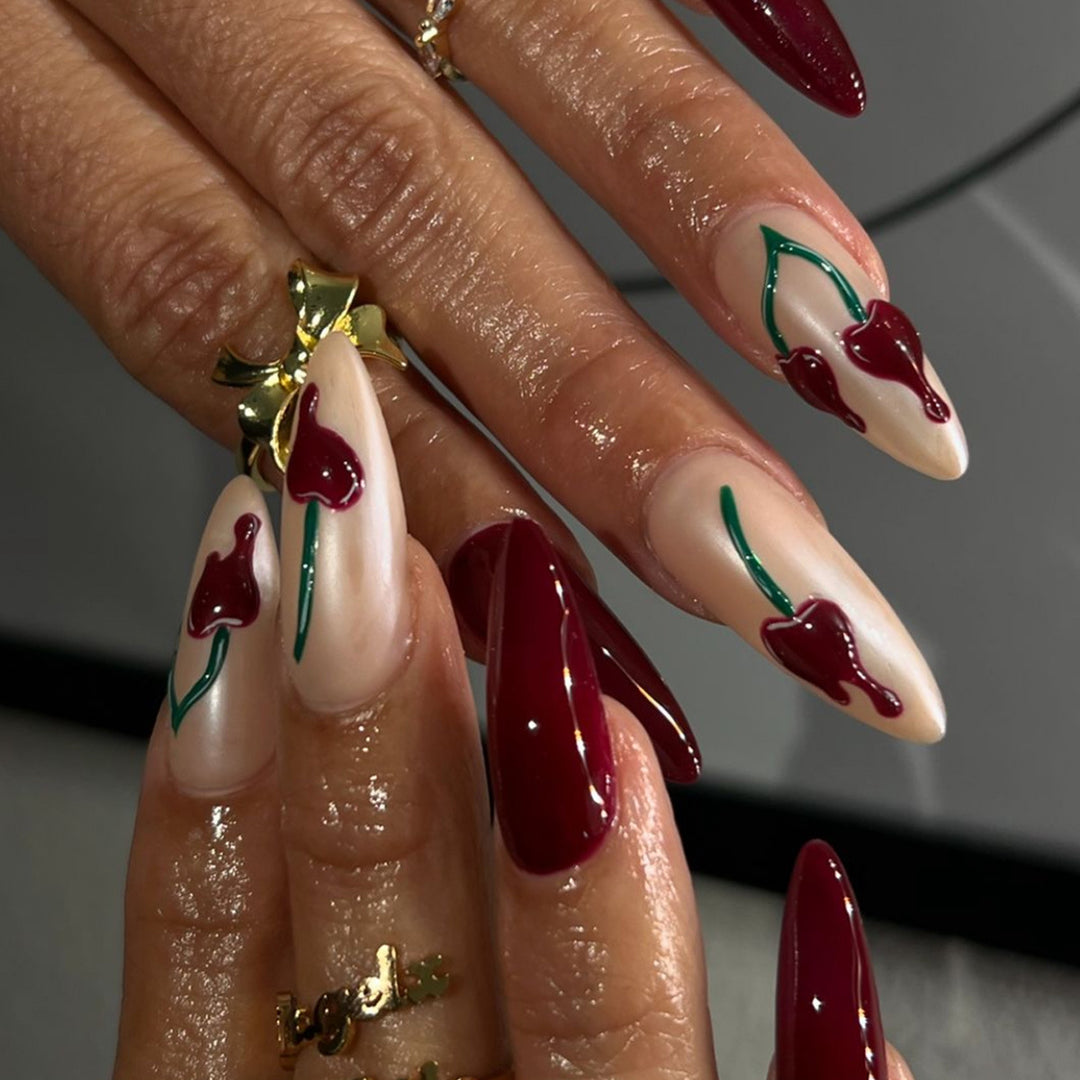 Artistic Press-On Nail Extensions with Cherry Design Kalsten