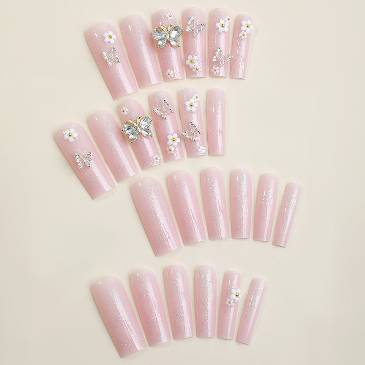 Acrylic Nail Set with Elegant 3D Flowers and Glitter Details Kalsten