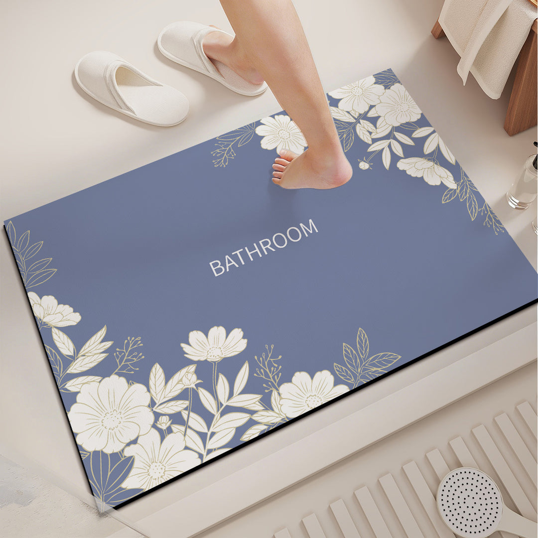 Absorbent Anti-Slip Bathroom Door Mat with Floral Corner Print and Quick-Dry Microfiber Surface