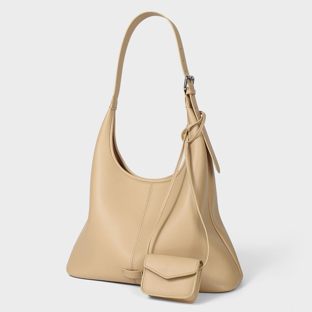 Soft Curved Vegan Leather Shoulder Hobo with Detachable Mini Pouch