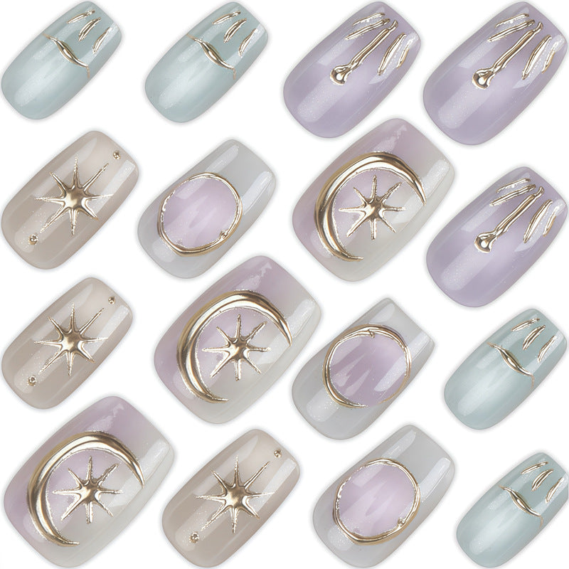 Artistic Press-On Nail Set with Decorative Celestial Designs Kalsten