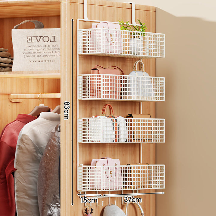 Over-Door Four-Tier Metal Mesh Hanging Storage Organizer with Integrated Hooks