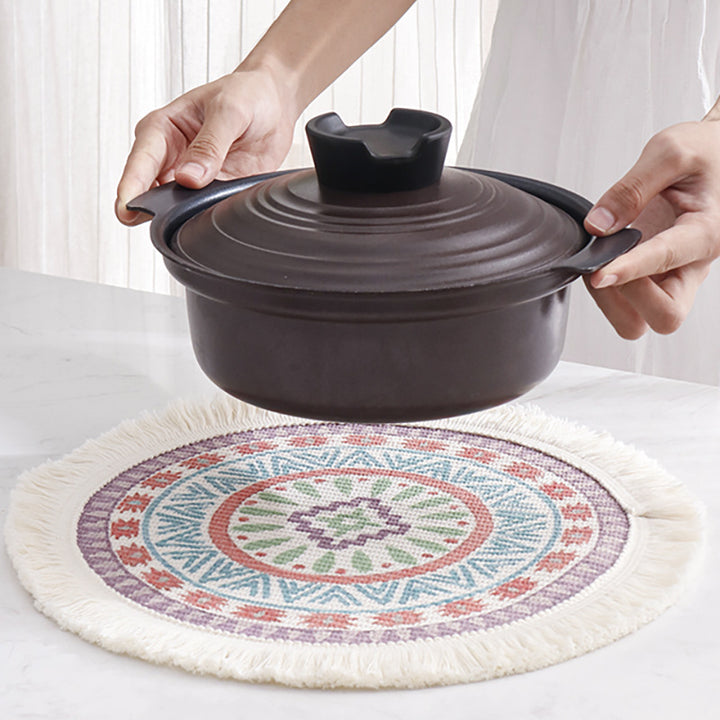 Round flat-woven cotton rug with mandala design and decorative fringes Kalsten