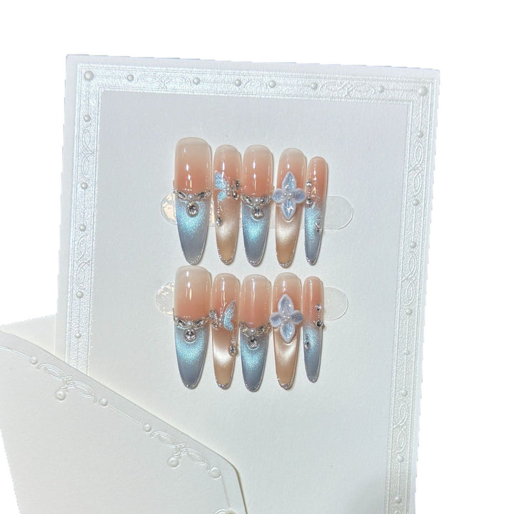 Artistic Press-On Nail Set with Floral and Gemstone Accents Kalsten