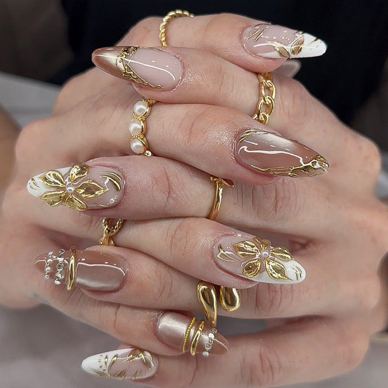Artistic Press-On Nail Art Set with Elegant Floral Accents kalsten