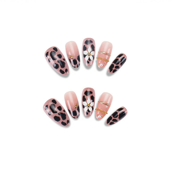 Artistic Press-On Nail Set with Elegant Leopard and Floral Designs Kalsten