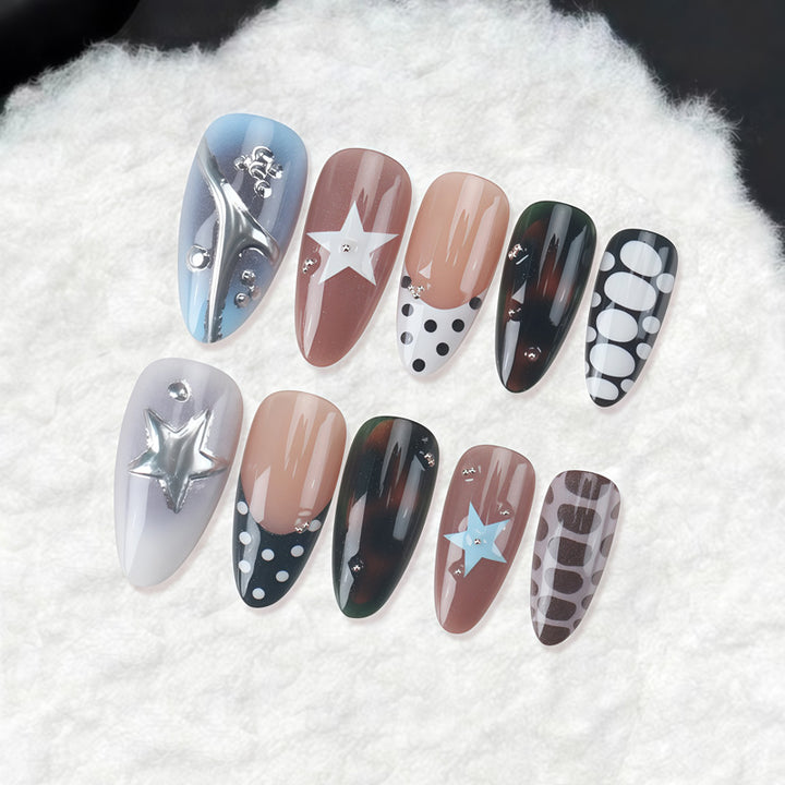 Artistic Press-On Nail Set with Star and Geometric Designs Kalsten