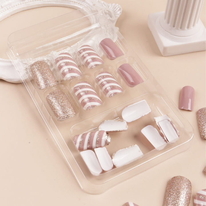 Glamorous Glitter and Striped Press-On Nail Art Kalsten