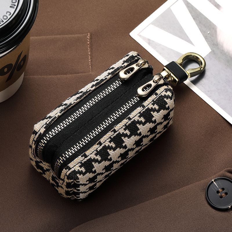 Double-Zippered Houndstooth Pattern Cosmetic Pouch Kalsten