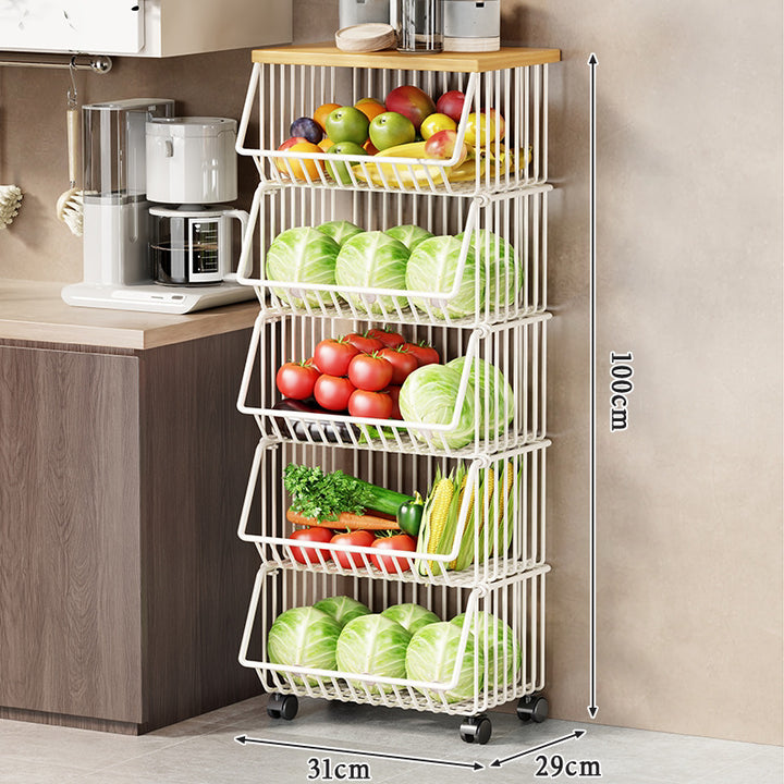 Multi-Tier Rolling Kitchen Fruit and Vegetable Storage Cart with Wood Top