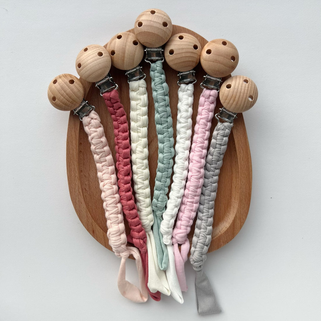 Braided Cotton Pacifier Clip with Wooden Safety Clip