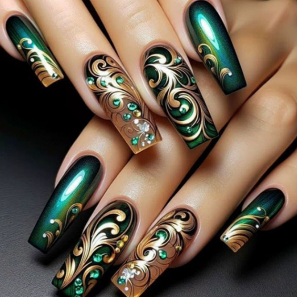 Artificial nails with elegant gold and green tones Kalsten