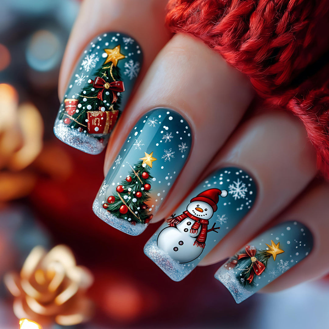 Artificial nails with festive Christmas tree and snowman motif Kalsten