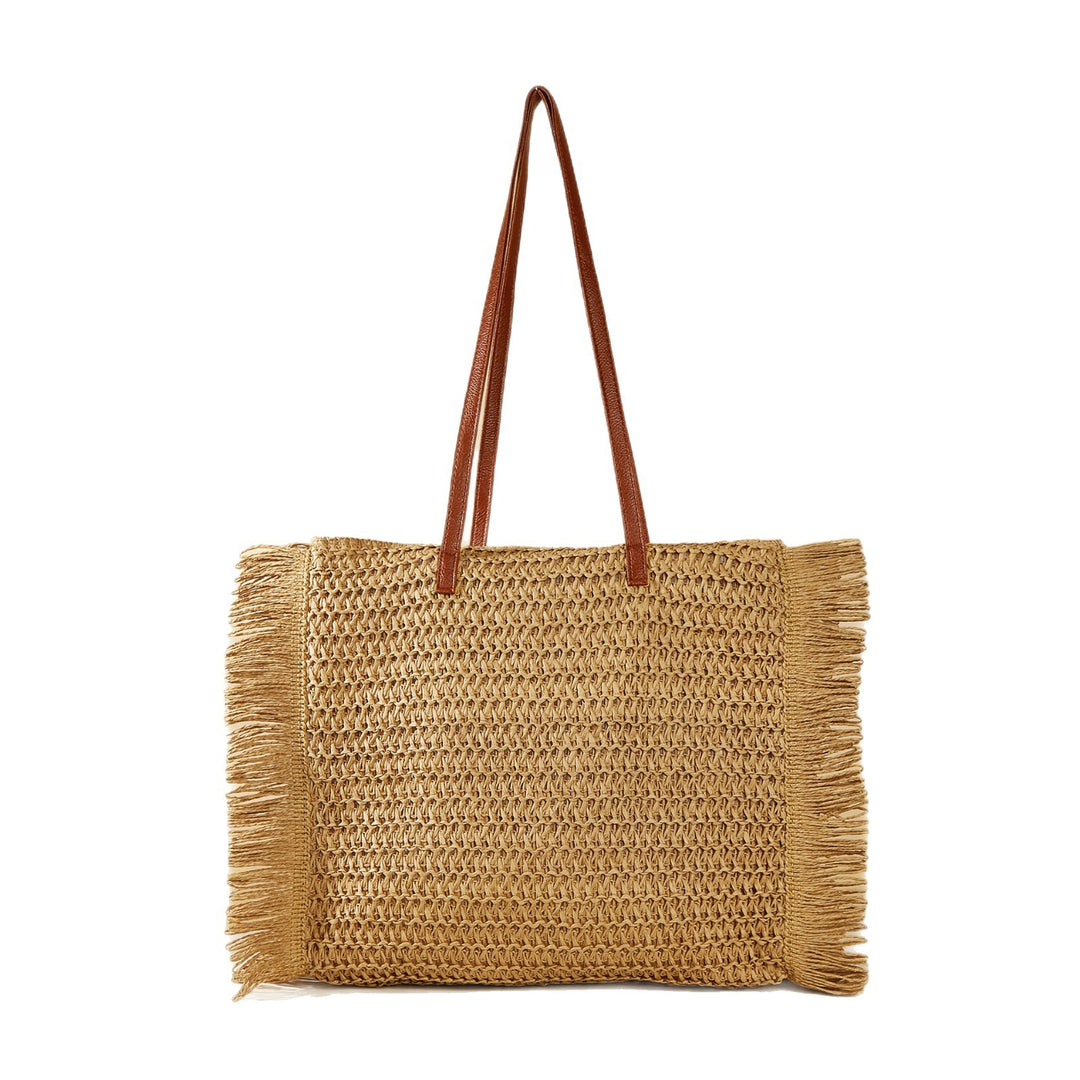 Large Woven Beach Bag with Fringes and Leather Handles Kalsten