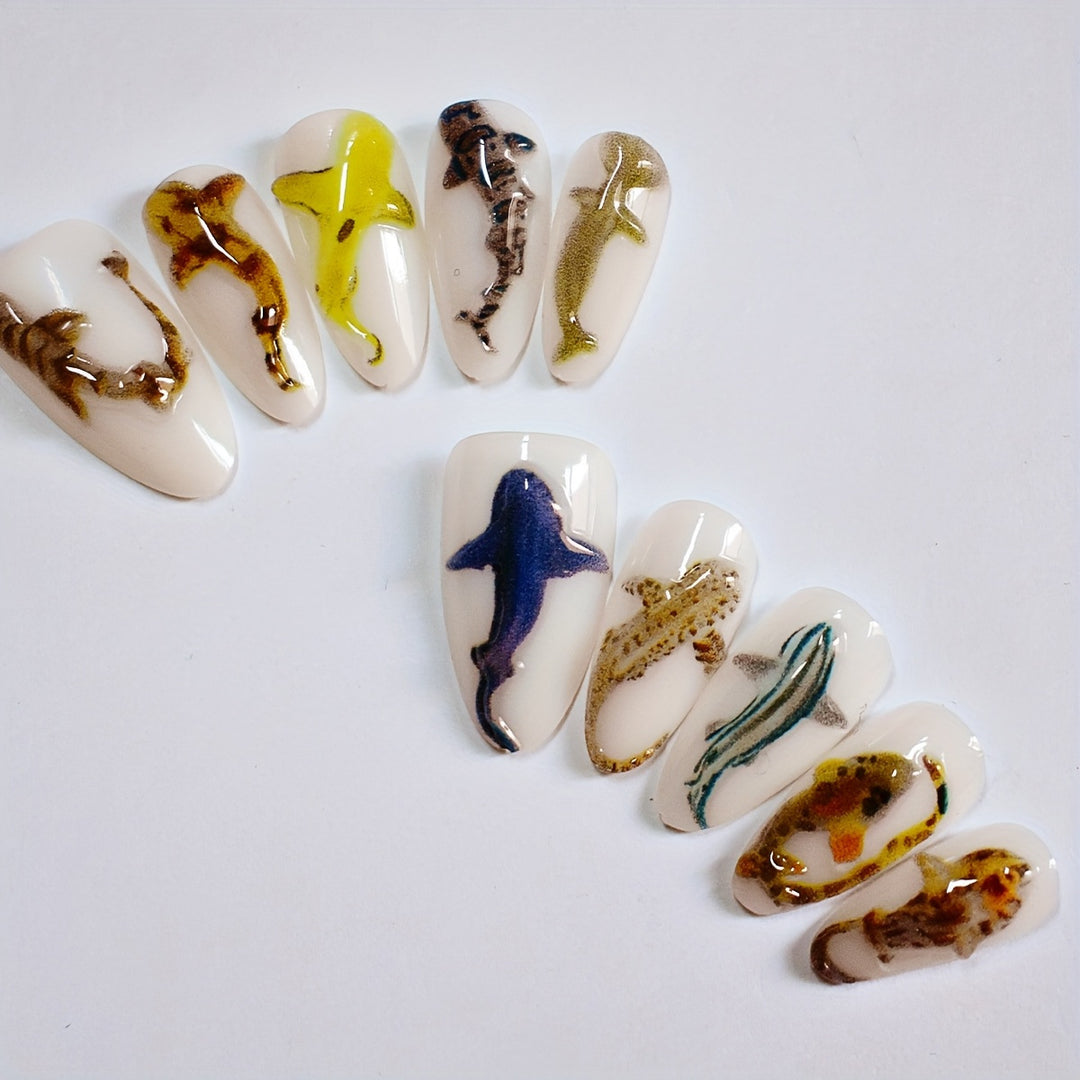 Artistic Shark-Themed Press-On Nail Art Kalsten