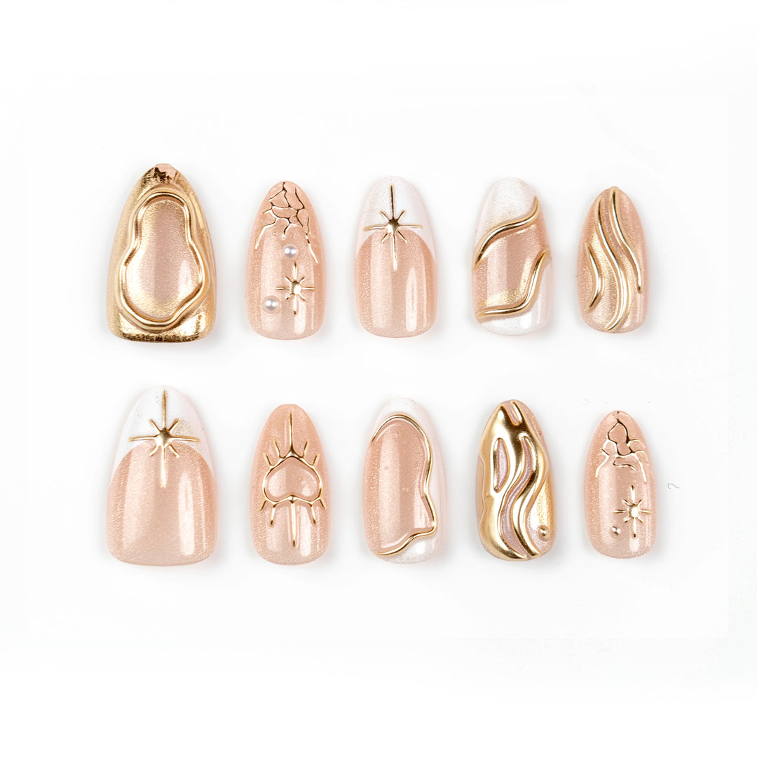 Artistic Press-On Nail Set with Elegant Gold Accents Kalsten