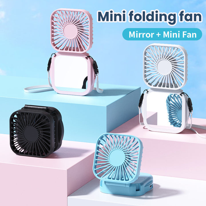 Unisex nan compact foldable clip on handheld desk fan with built in mirror adjustable tilt and USB rechargeable battery Kalsten