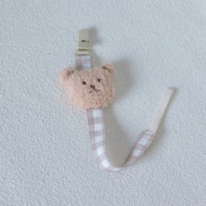 Cotton Gingham Pacifier Clip with Plush Bear Applique and Quick-Release Safety Clip