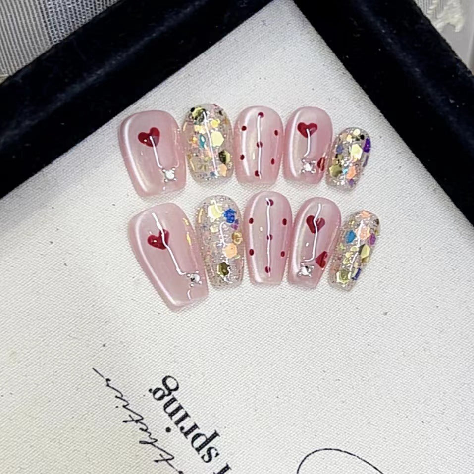 Decorative Press-On Nail Art Set with Heart and Glitter Designs Kalsten