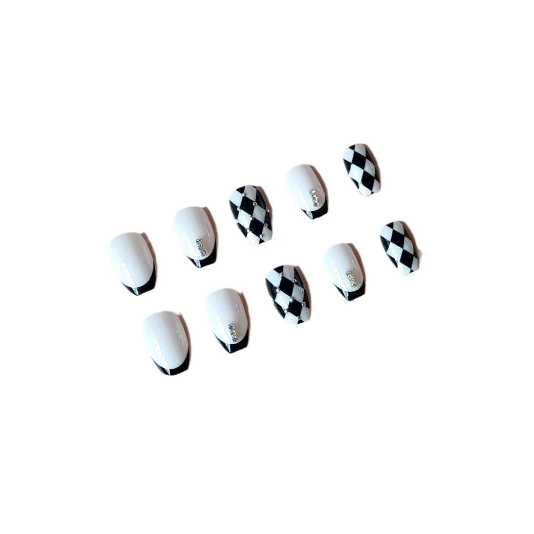Acrylic Nail Set with Creative Checkerboard Design and Sparkling Accents Kalsten