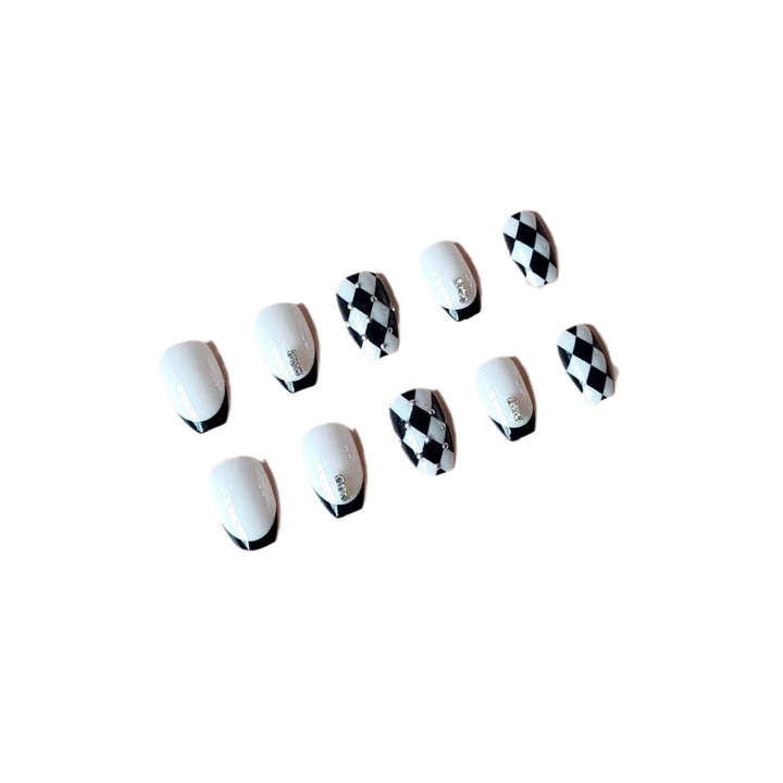 Acrylic Nail Set with Creative Checkerboard Design and Sparkling Accents Kalsten