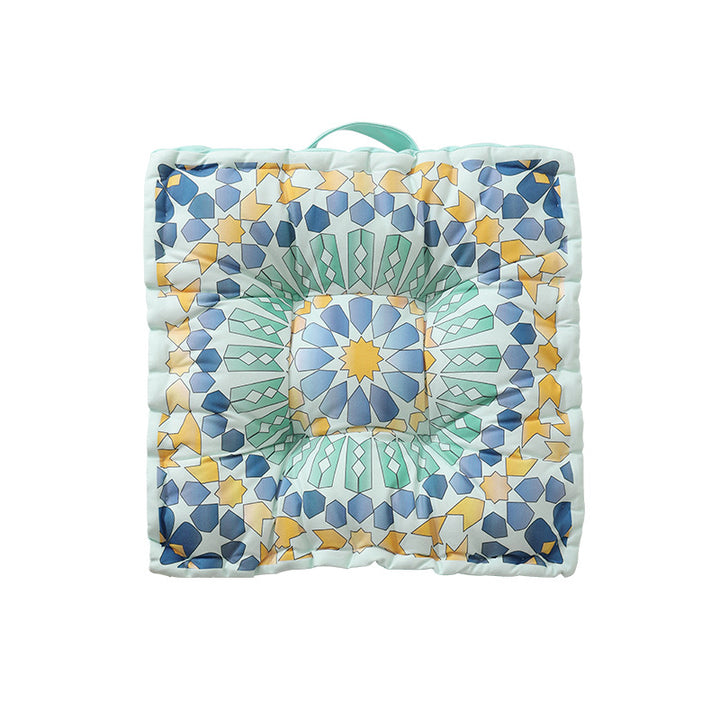 Round seat cushion with mandala print, thickly padded floor seating mat and carrying handle Kalsten