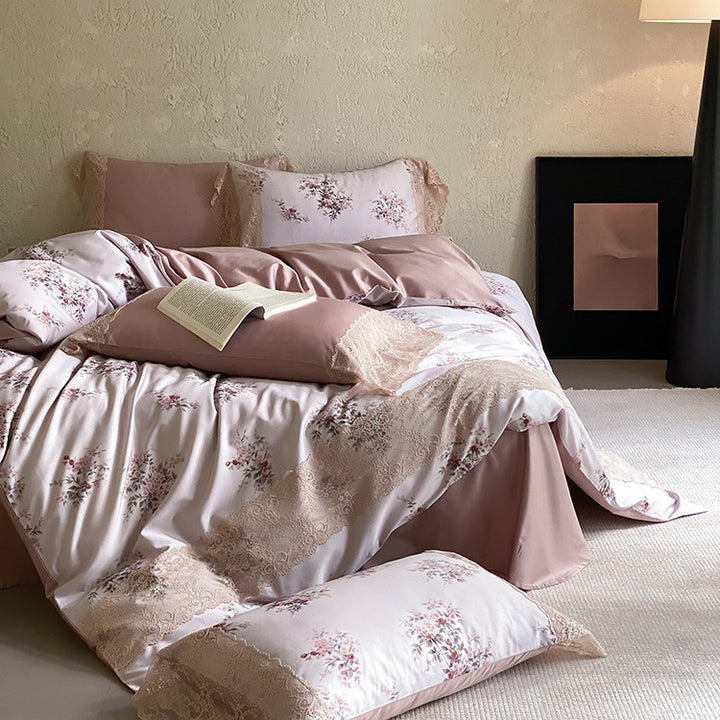 Satin bed linen set with floral print and delicate lace trim