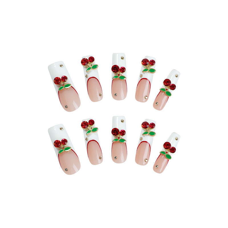 Artificial nail set with cherry motif and sparkling rhinestones Kalsten